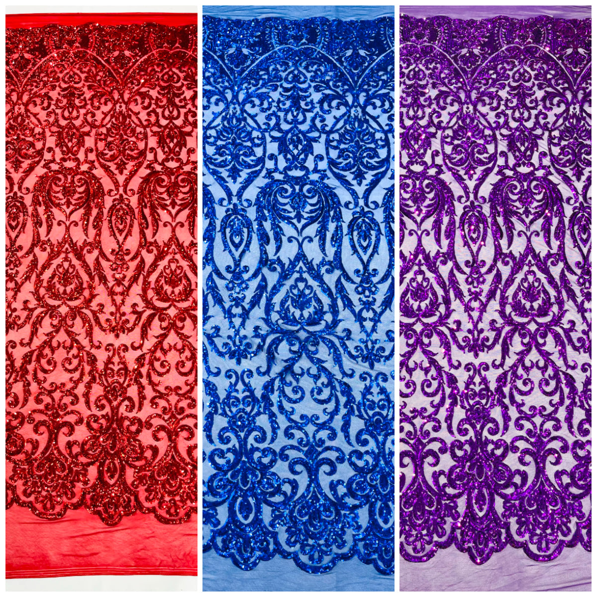 King Damask Design Sequins - 4 Way Stretch Lace Mesh Embroidered Sequins By Yard.