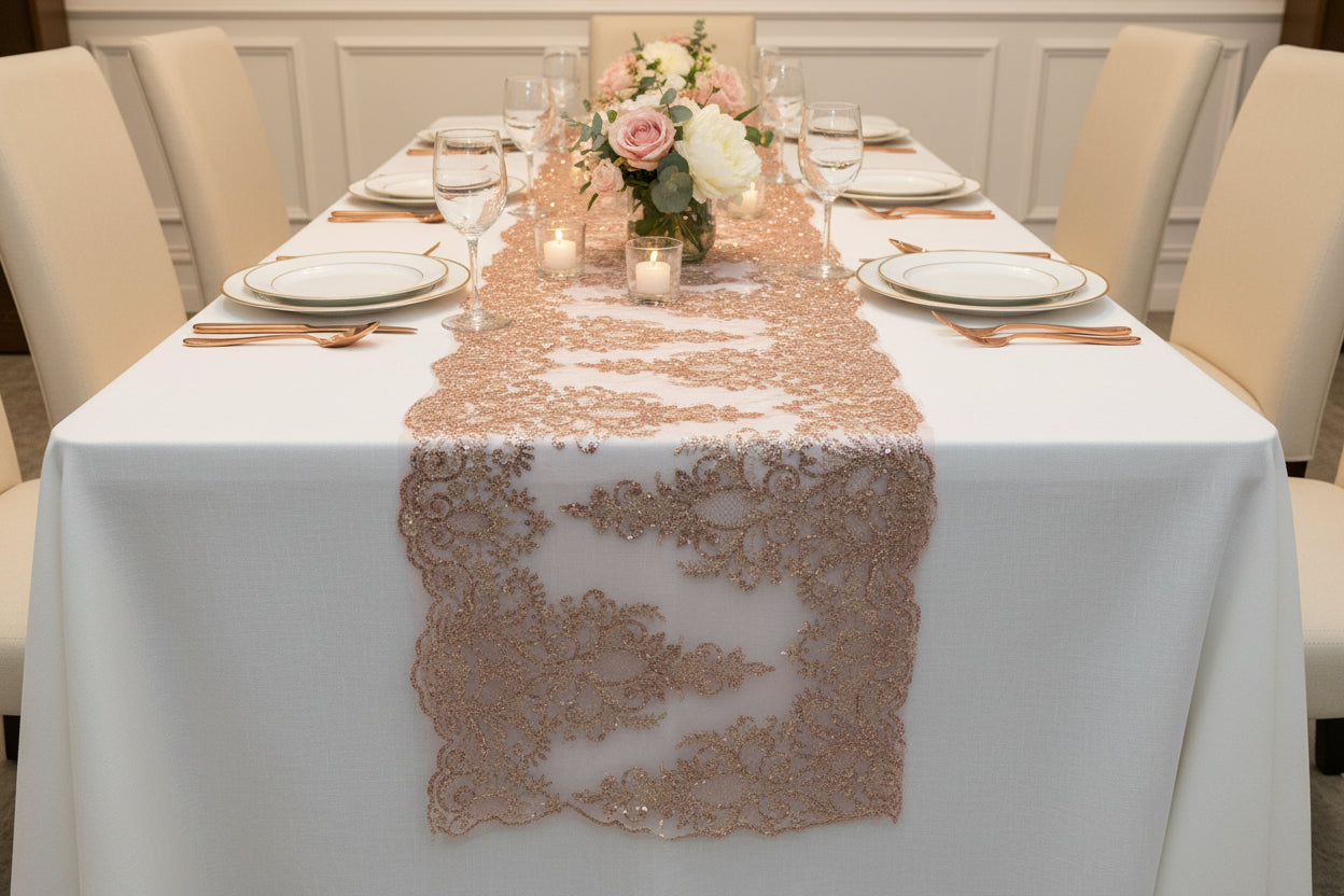 20" Wide Trim Glitter Damask Design On A Mesh Lace| Table Runner