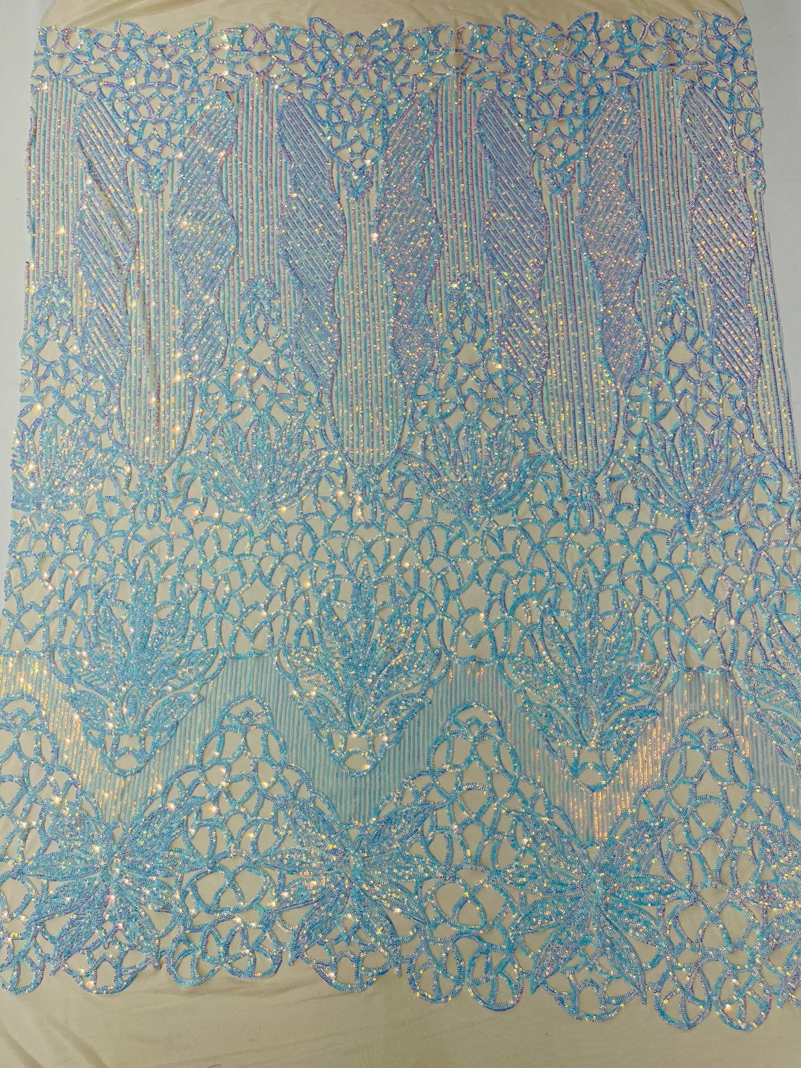 Gorgeous Star Leaf Fabric - Aqua Iridescent B - Leaf Design Embroidered 4 Way Stretch Sequins Fabric By Yard