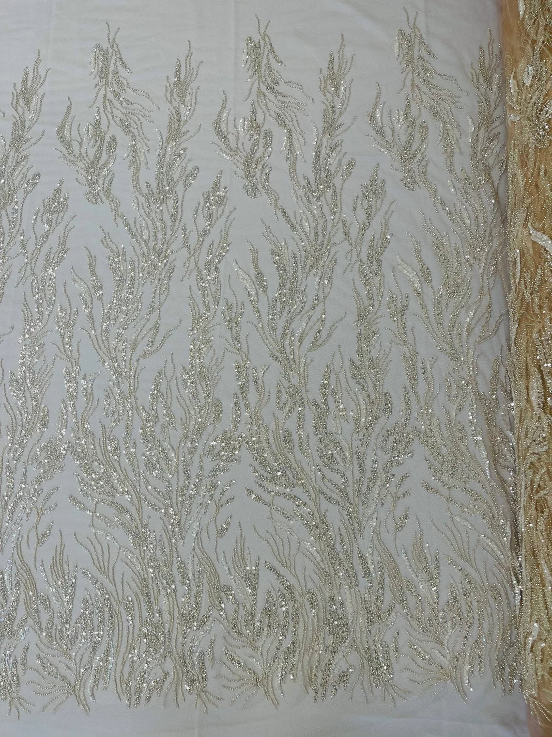 Wild Grass Design Bead Fabric - Beige - Embroidered Beaded Wild Grass Plant Design Fabric By Yard