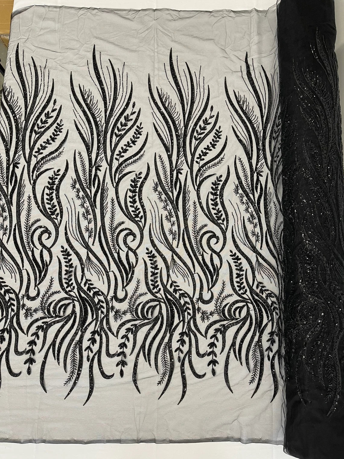 Sea Plants Design Bead Fabric - Black - Embroidered Beaded Sea Weed Design Fabric By Yard