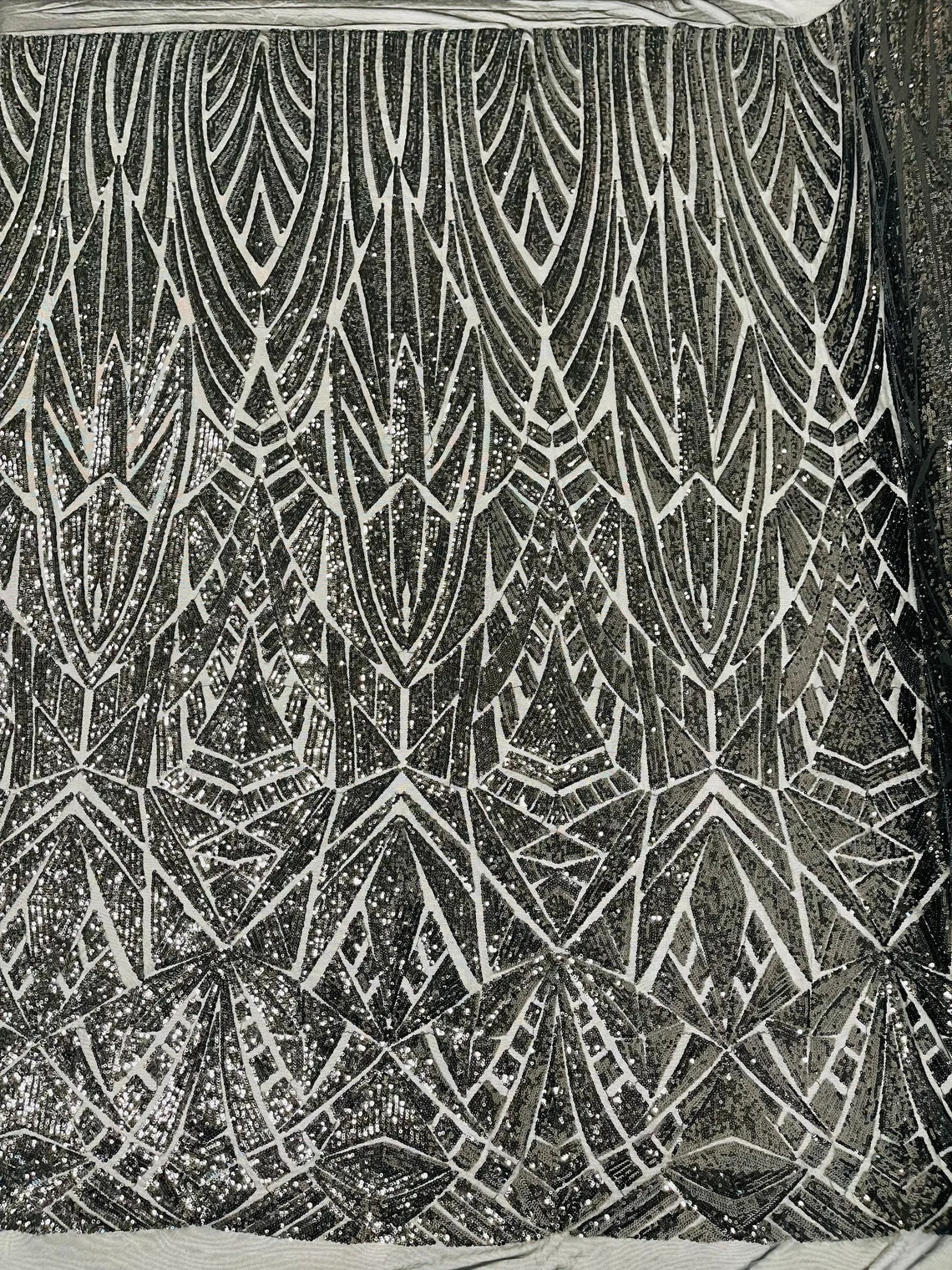 Geometric Triangle Lines Sequins - Black - 4 Way Stretch Geometric Design Sequins By Yard
