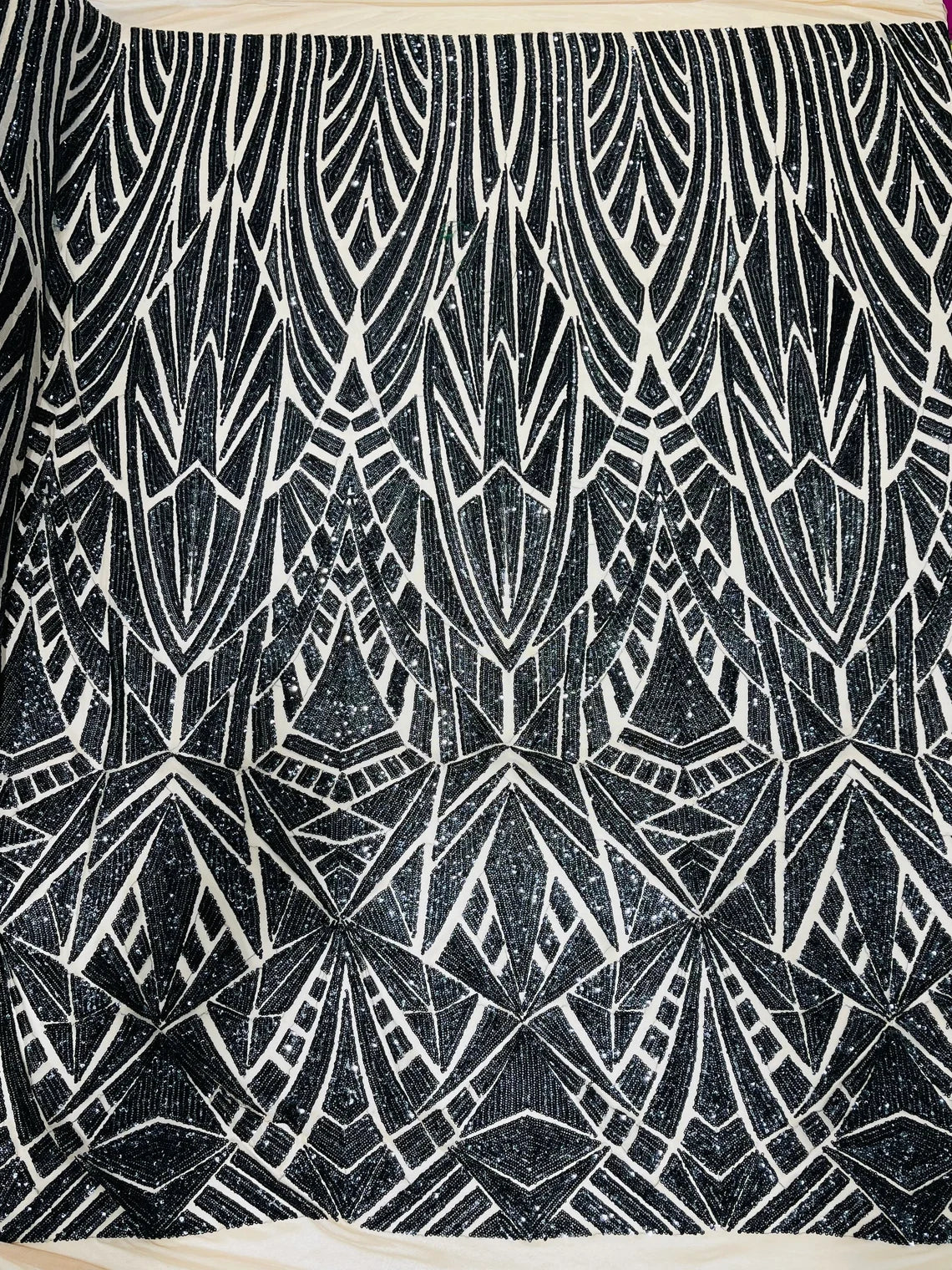 Geometric Triangle Lines Sequins - Black on Nude - 4 Way Stretch Geometric Design Sequins By Yard