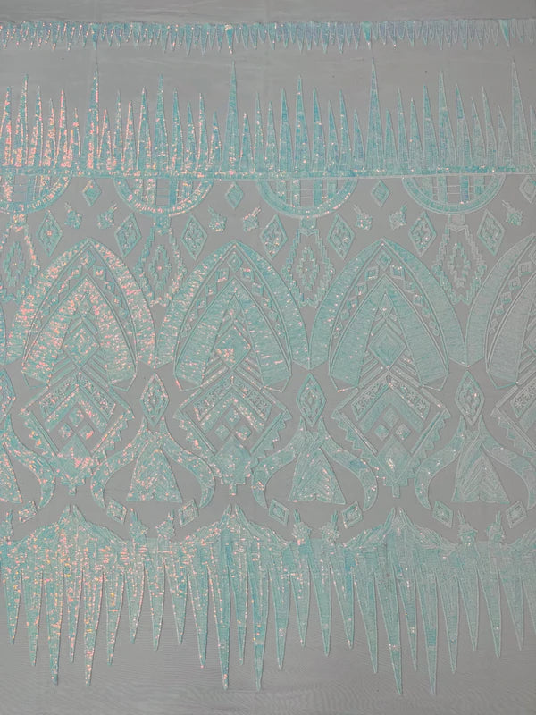Aztec Geometric Sequins - Blue / White - 4 Way Stretch Geometric Tribal Pattern Design Sequins By Yard