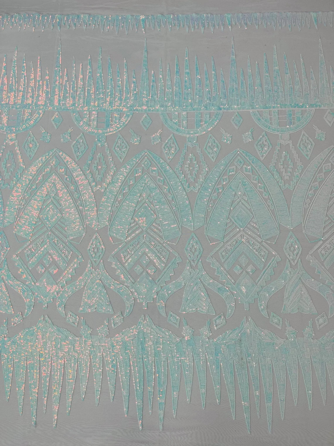 Aztec Geometric Sequins - Blue / White - 4 Way Stretch Geometric Tribal Pattern Design Sequins By Yard