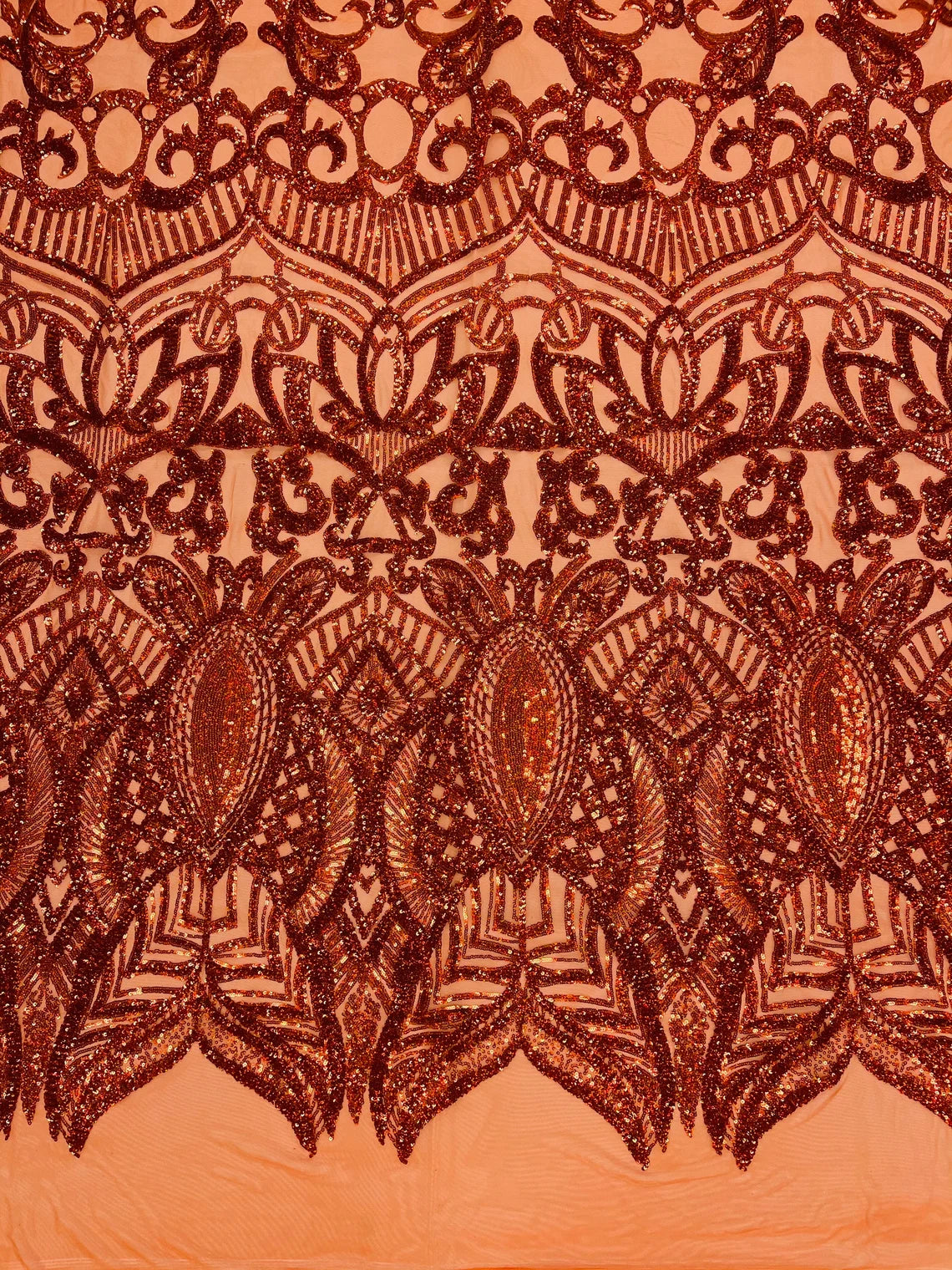 Royalty Damask Sequins Fabric - Burnt Orange - Fancy Royal Lace Design 4 Way Stretch Sequins By YardRoyalty Damask Sequins Fabric - - Fancy Royal Lace Design 4 Way Stretch Sequins By Yard