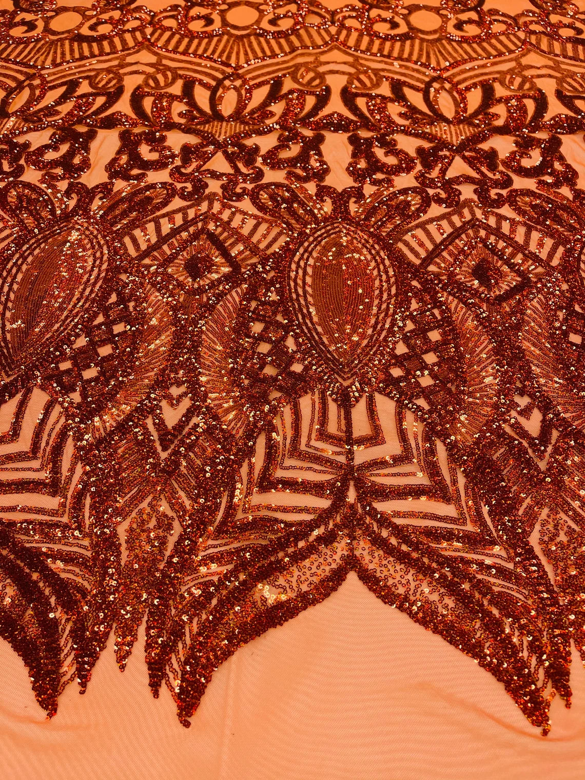 Royalty Damask Sequins Fabric - Burnt Orange - Fancy Royal Lace Design 4 Way Stretch Sequins By YardRoyalty Damask Sequins Fabric - - Fancy Royal Lace Design 4 Way Stretch Sequins By Yard