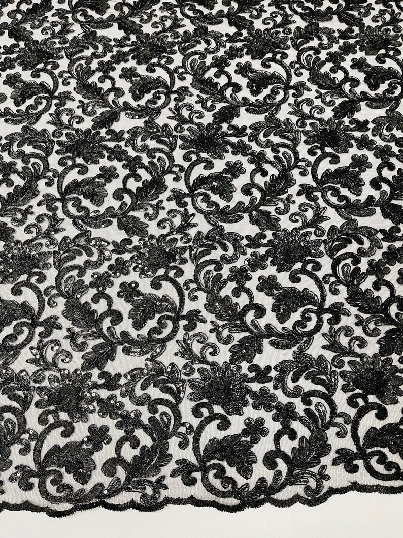 Flower Lace Sequins Corded Fabric - Black - Embroidery Floral Design Lace Fabric By Yard