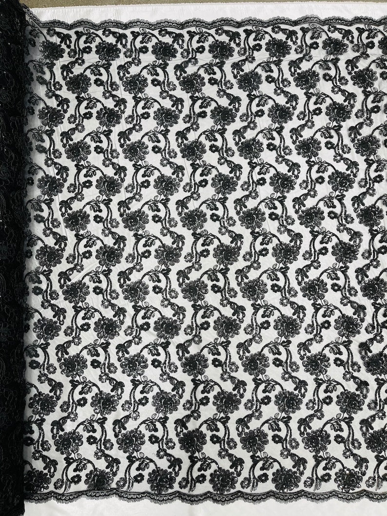 Flower Lace Sequins Fabric - Black - Embroidery Floral Design Lace Fabric By Yard