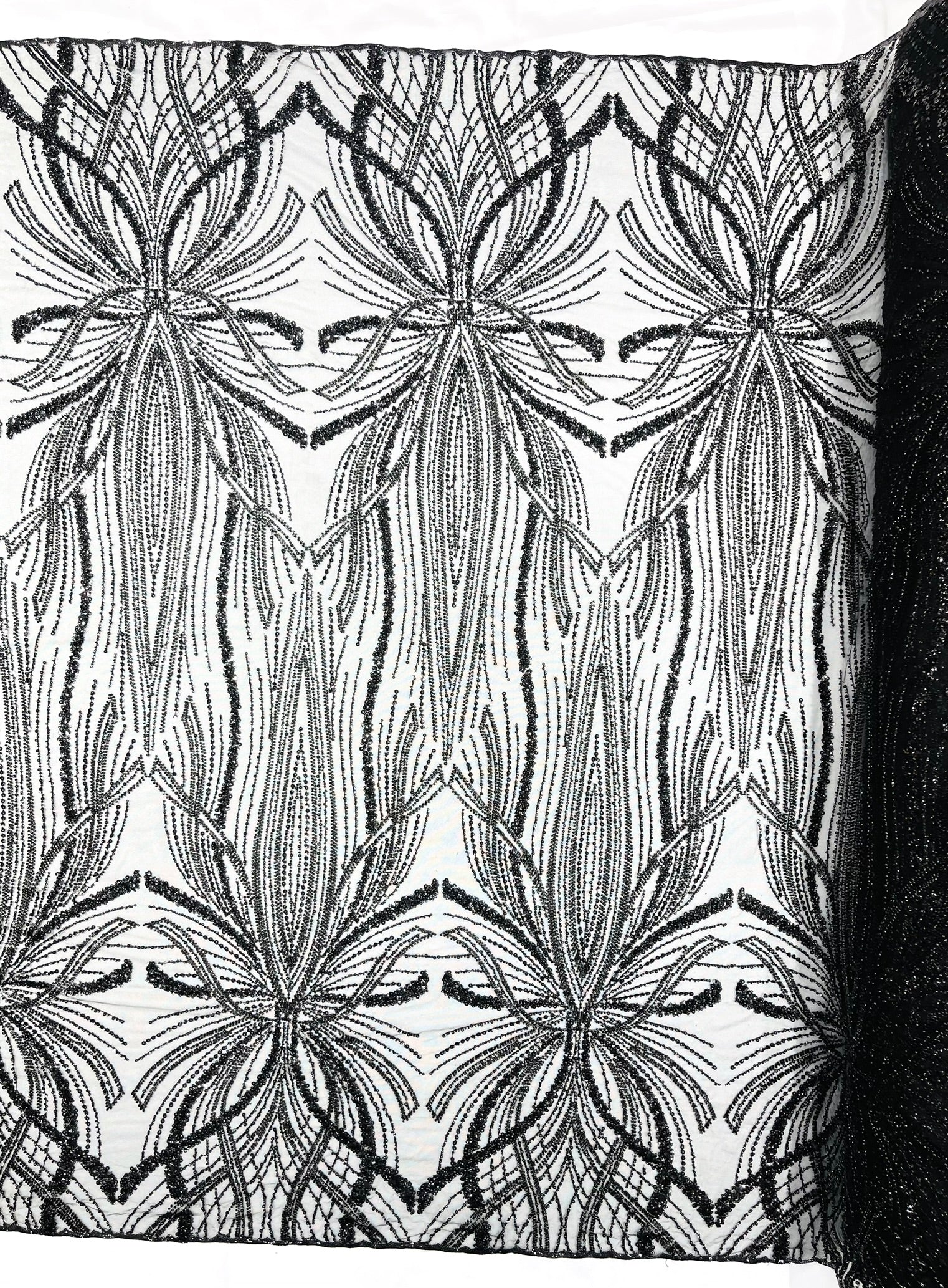 Palm Beaded Lace Fabric, Heavy Embroidered Design on 58" Mesh for Dresses