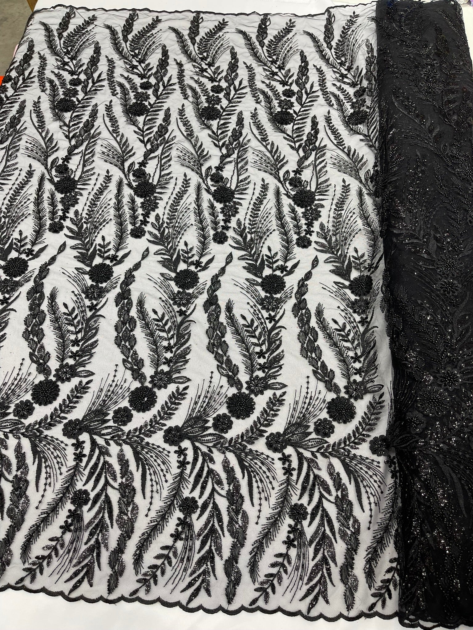Feather and Vine Beaded Lace Fabric, by The Yard