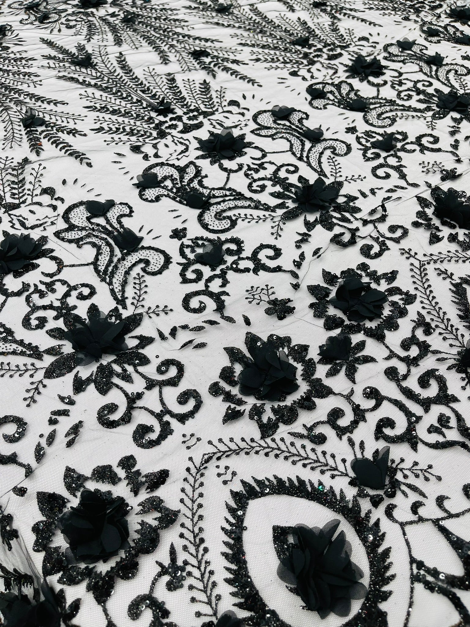 Floral 3D Palm Damask with glitter in a Mesh Lace- Sold by the yard