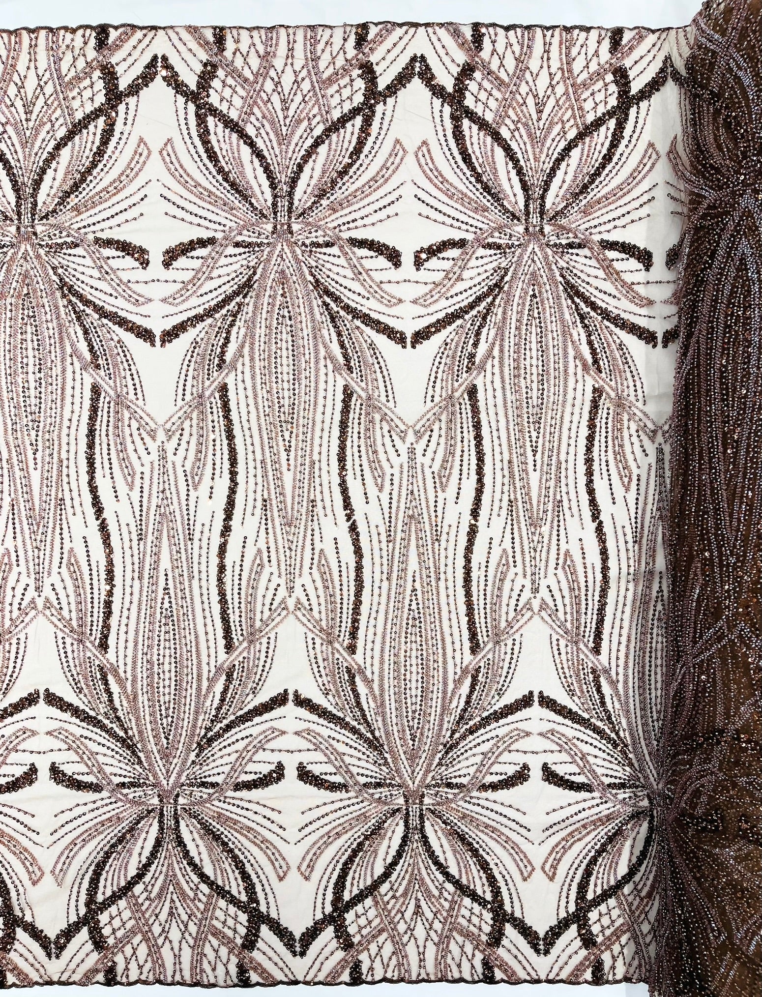 Palm Beaded Lace Fabric, Heavy Embroidered Design on 58" Mesh for Dresses