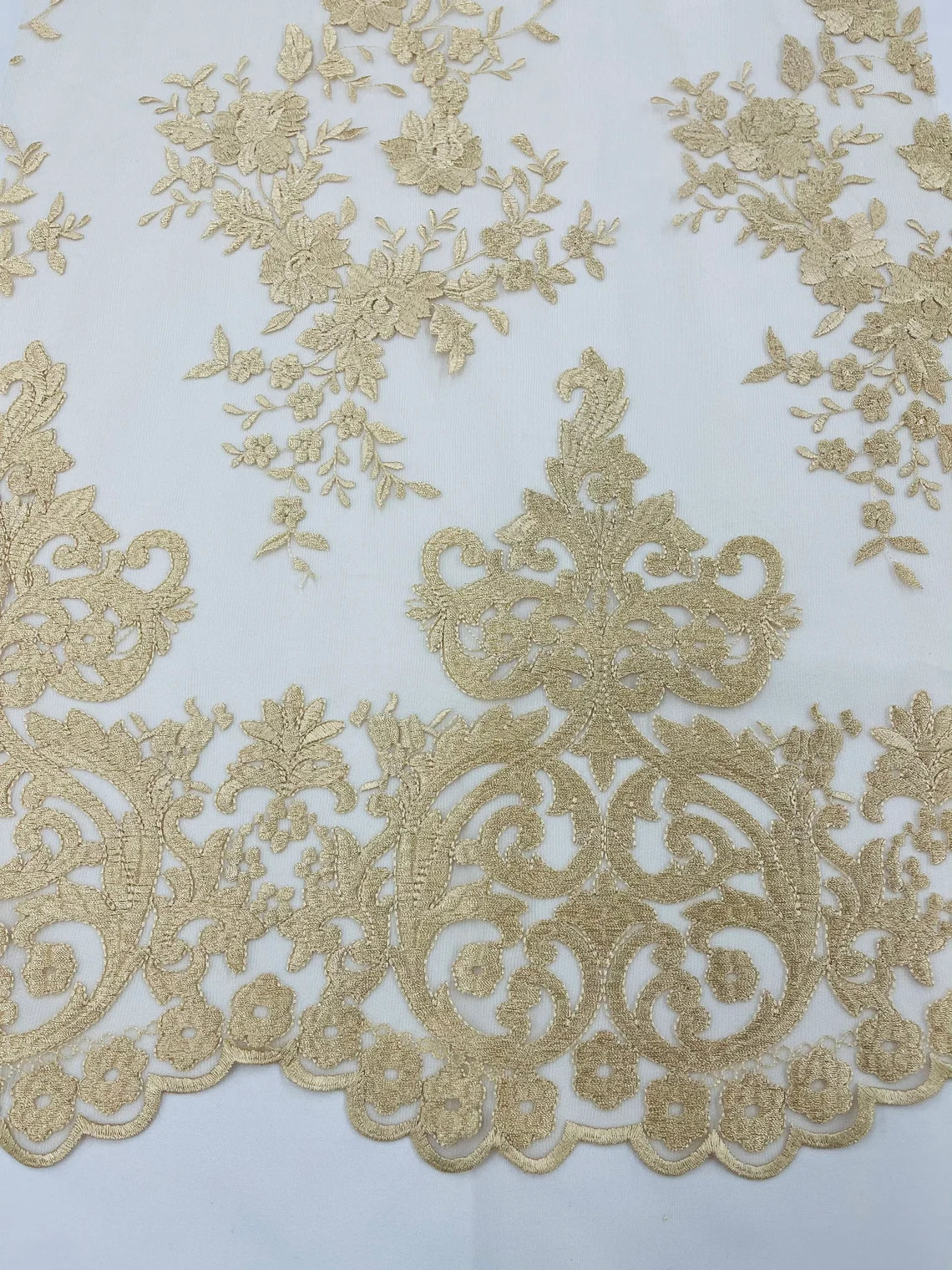 Damask Design Lace Fabric - Champagne - Embroidered Damask Fancy Beautiful Design Lace Fabric By Yard