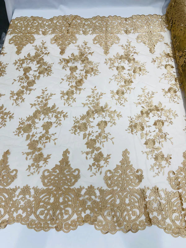 Damask Design Lace Fabric - Champagne - Embroidered Damask Fancy Beautiful Design Lace Fabric By Yard