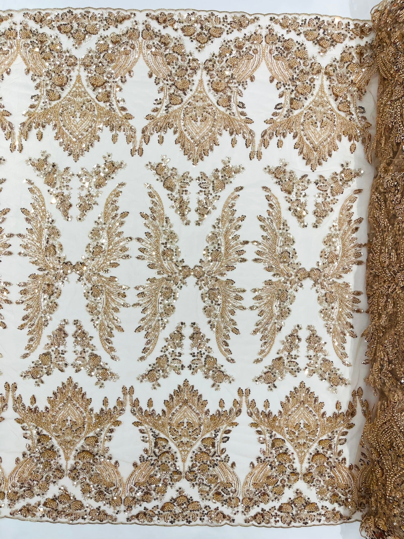 Damask Wing Design Embroidered Heavy Beaded Lace on 58" Silver Mesh Fabric