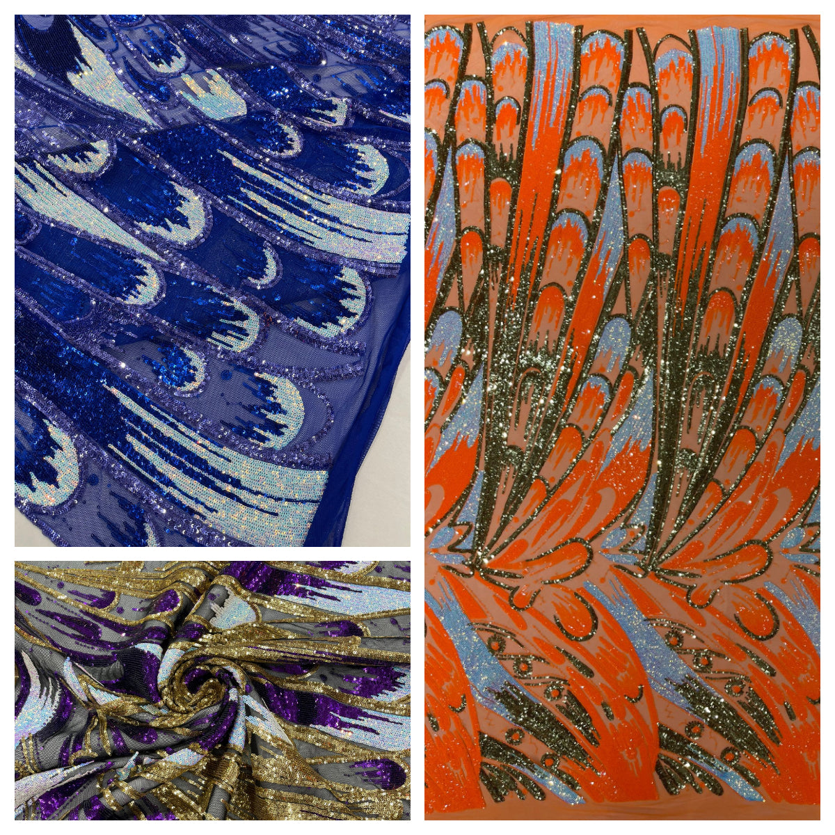 Iridescent Feather sequin design 4 way stretch mesh Fabric-prom-sold by the yard.