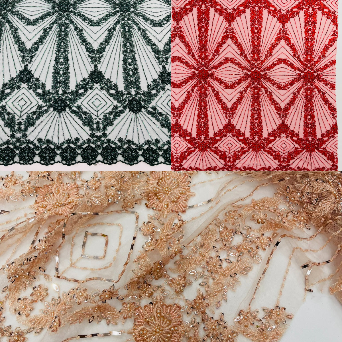 Luxury Bridal Fabric with Geometric Beading on a mesh, by The Yard.