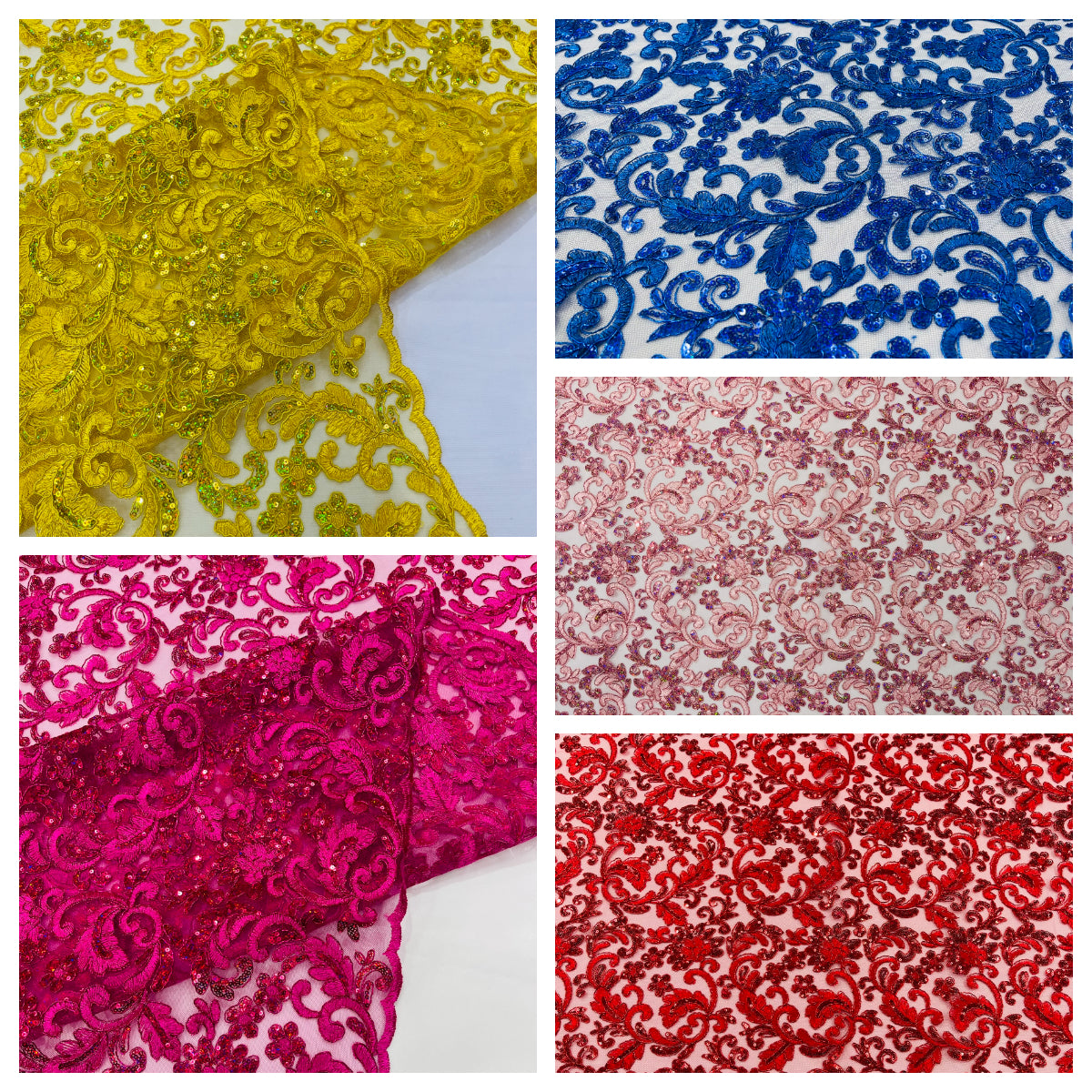 Metallic Corded Lace Design Embroidered With Holographic Sequins on a Mesh 54” Wide.