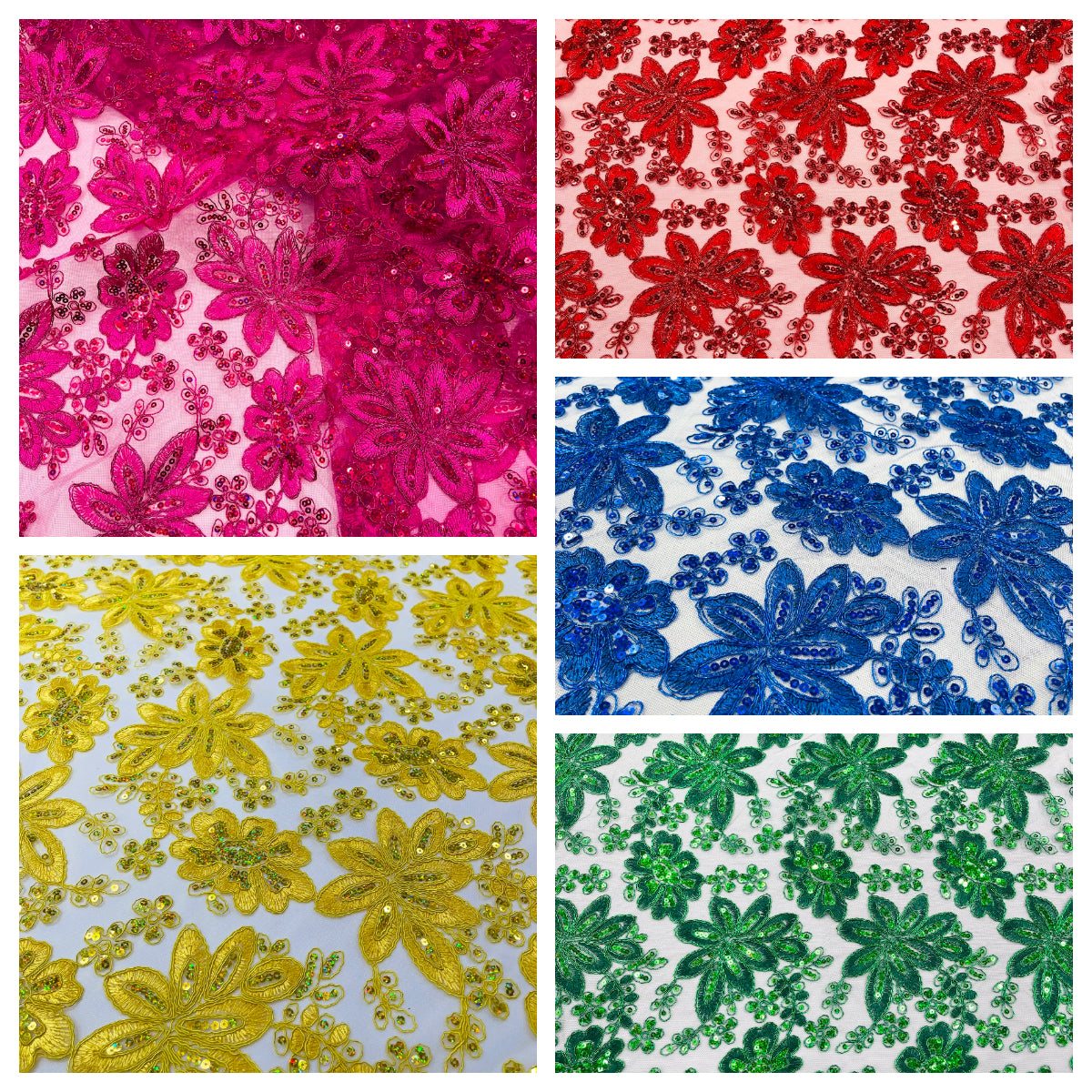 Metallic floral lace design embroidered with holographic sequins on a mesh 54” wide.