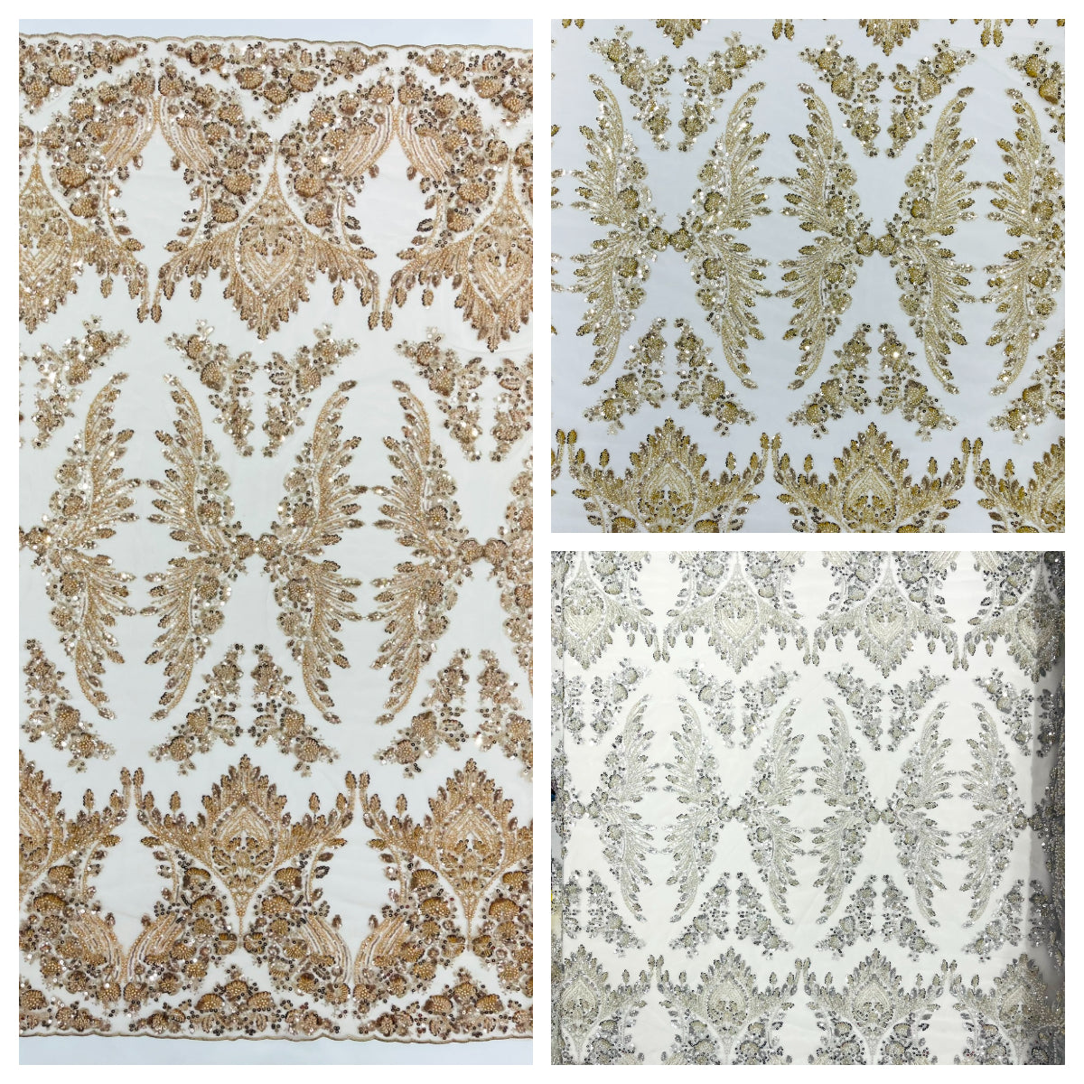 Damask Wing Design Embroidered Heavy Beaded Lace on 58" Silver Mesh Fabric