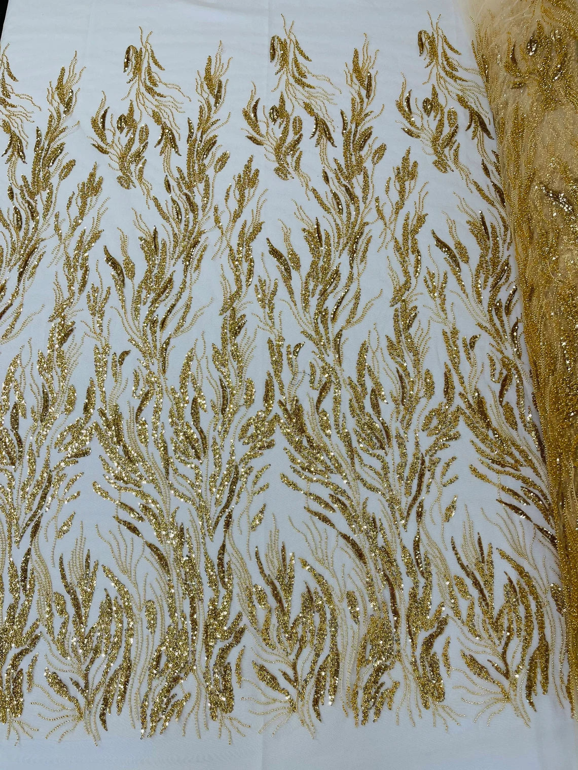 Wild Grass Design Bead Fabric - Gold - Embroidered Beaded Wild Grass Plant Design Fabric By Yard