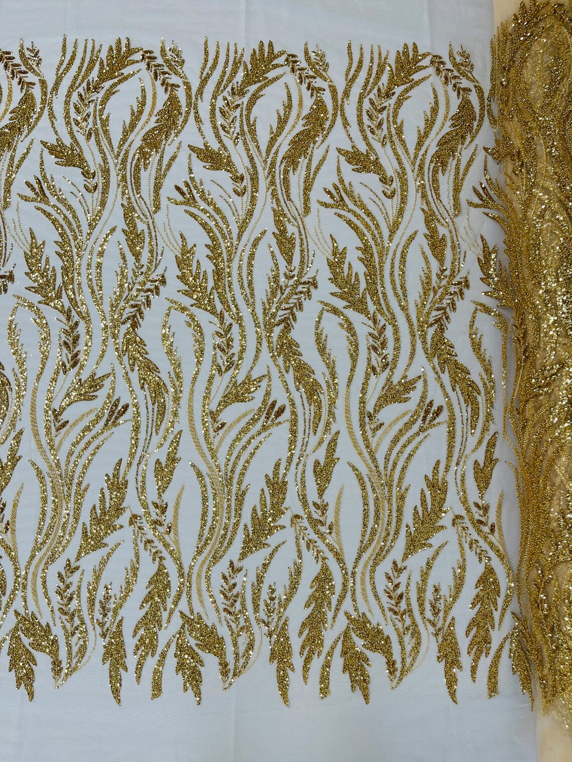 Wavy Beaded Leaf Fabric - Gold - Embroidered Beaded Leaf Pattern Lace Fabric Sold By The Yard