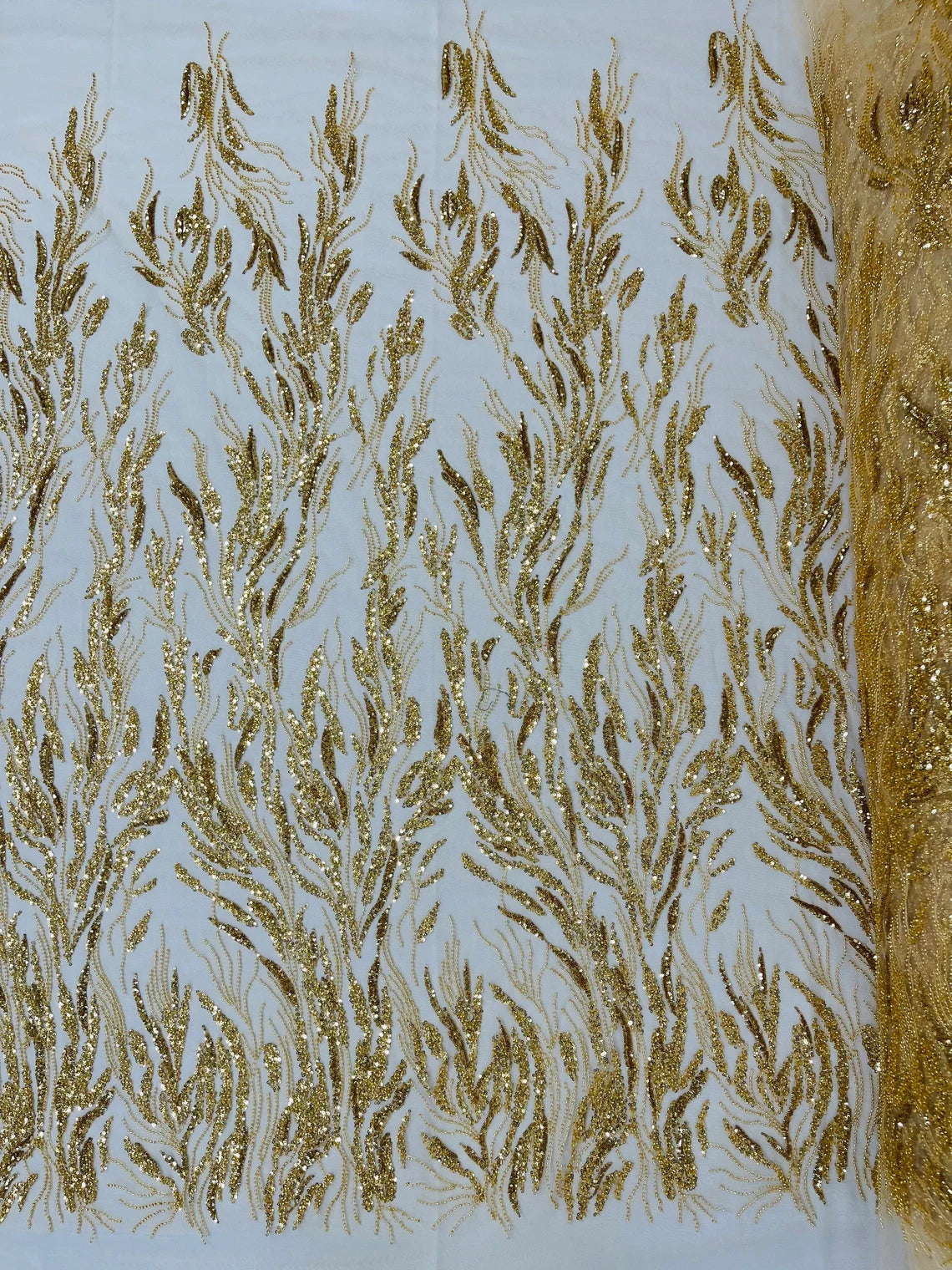 Wild Grass Design Bead Fabric - Gold - Embroidered Beaded Wild Grass Plant Design Fabric By Yard