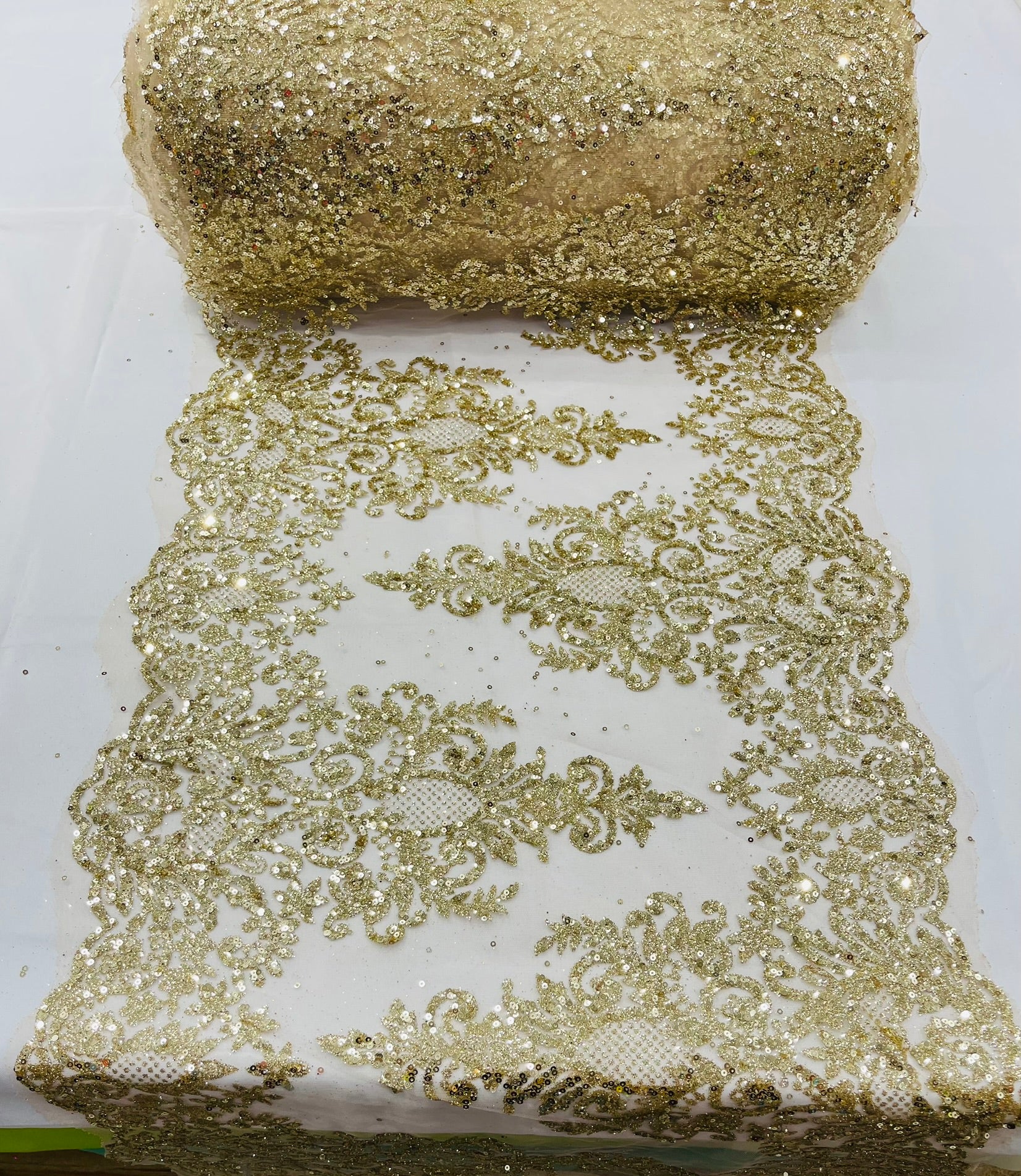 20" Wide Trim Glitter Damask Design On A Mesh Lace| Table Runner