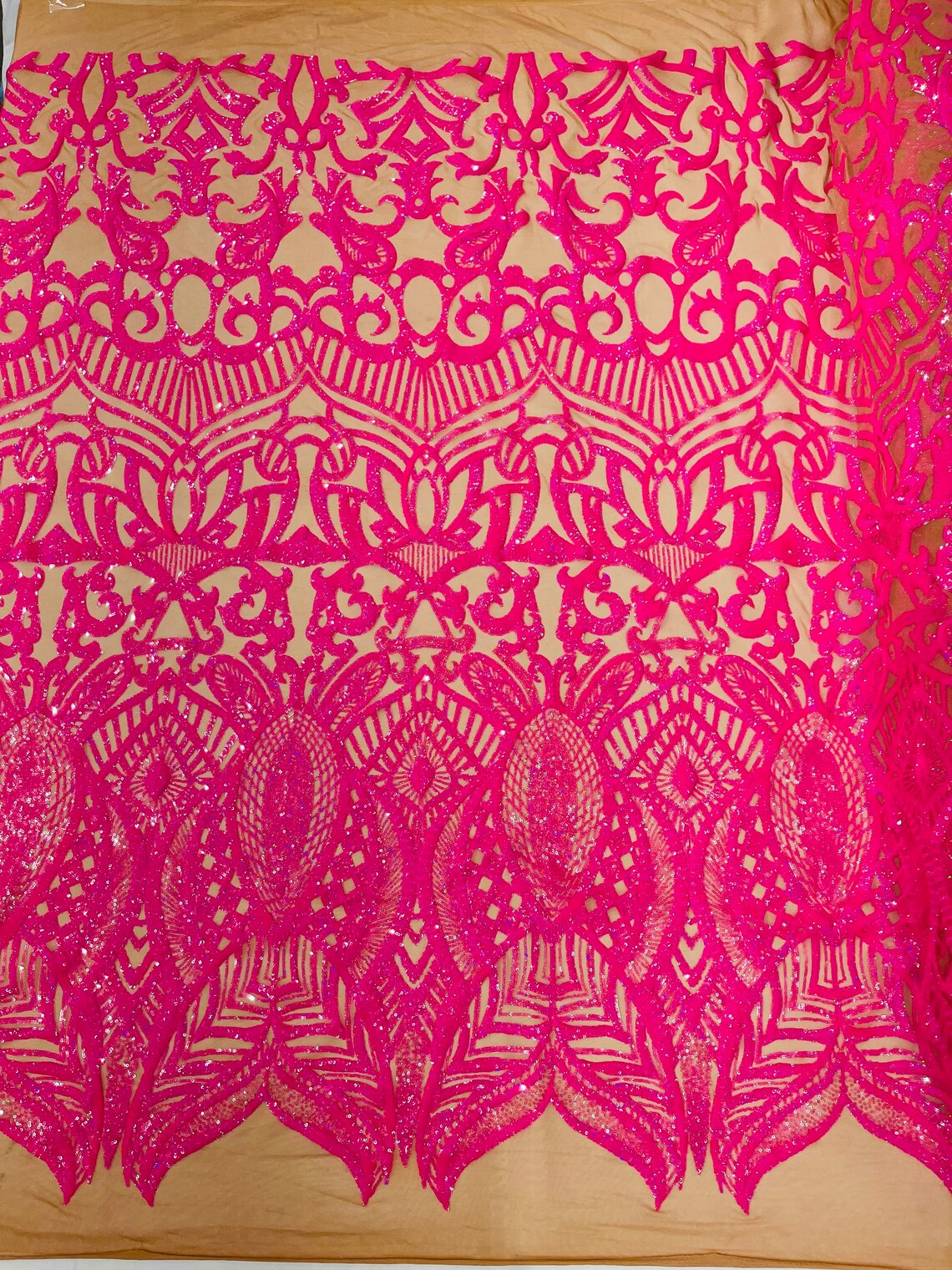 Royalty Damask Sequins Fabric - Hot Pink on Nude - Fancy Royal Lace Design 4 Way Stretch Sequins By Yard