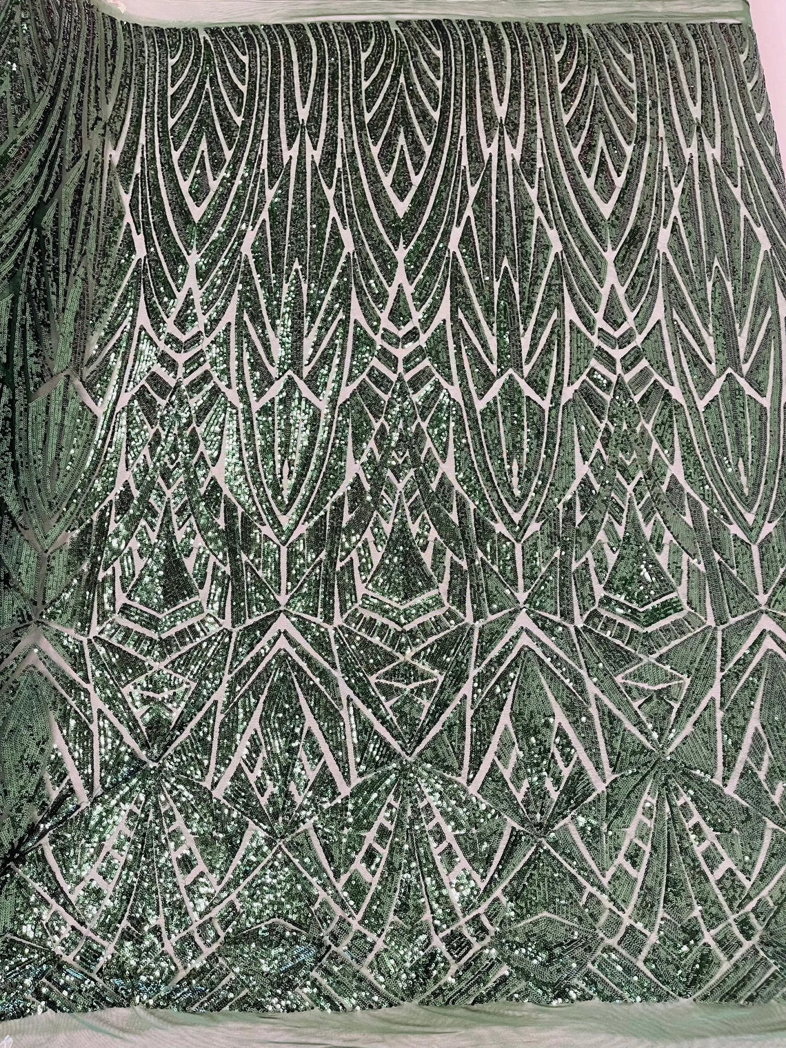 Geometric Triangle Lines Sequins - Hunter Green - 4 Way Stretch Geometric Design Sequins By Yard