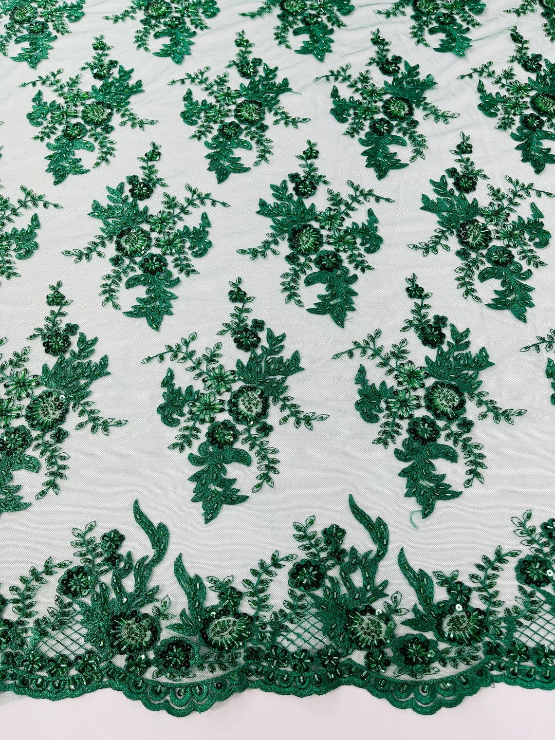 Floral Leaf Bead Sequins Fabric - Hunter Green - Embroidered Flower and Leaves Design Fabric By Yard