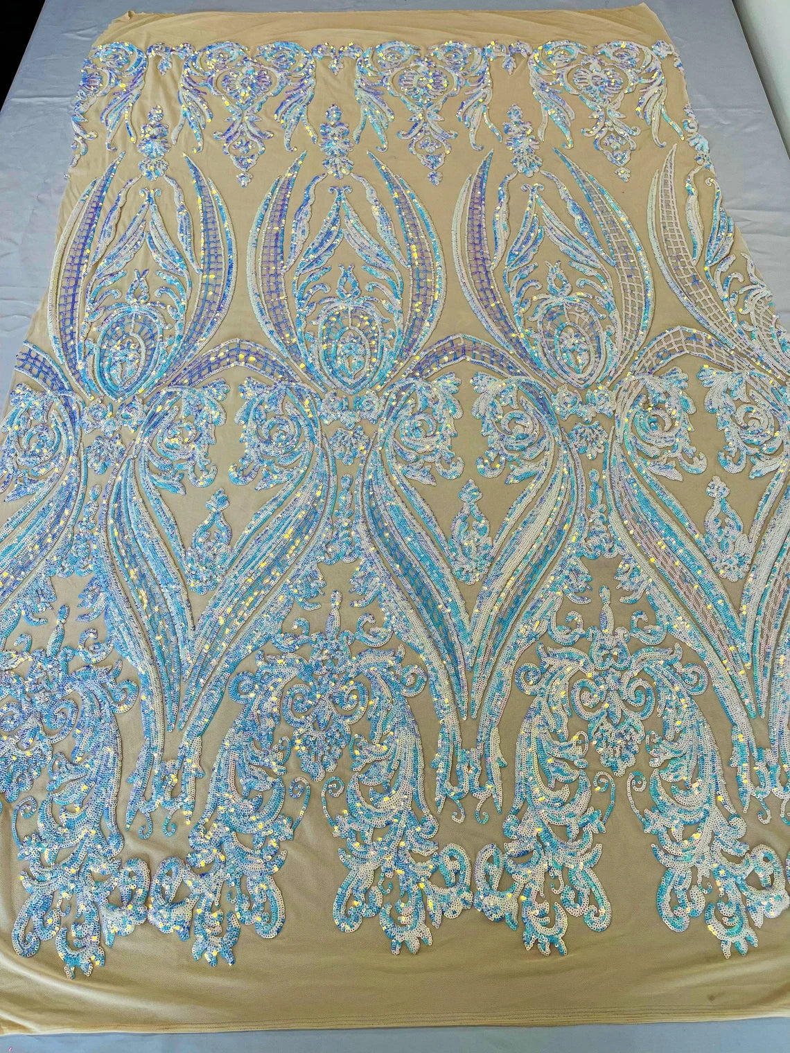 Big Damask 4 Way Sequins - Iridescent Aqua Blue - Embroidered Damask Design Sequins Fabric Sold By Yard