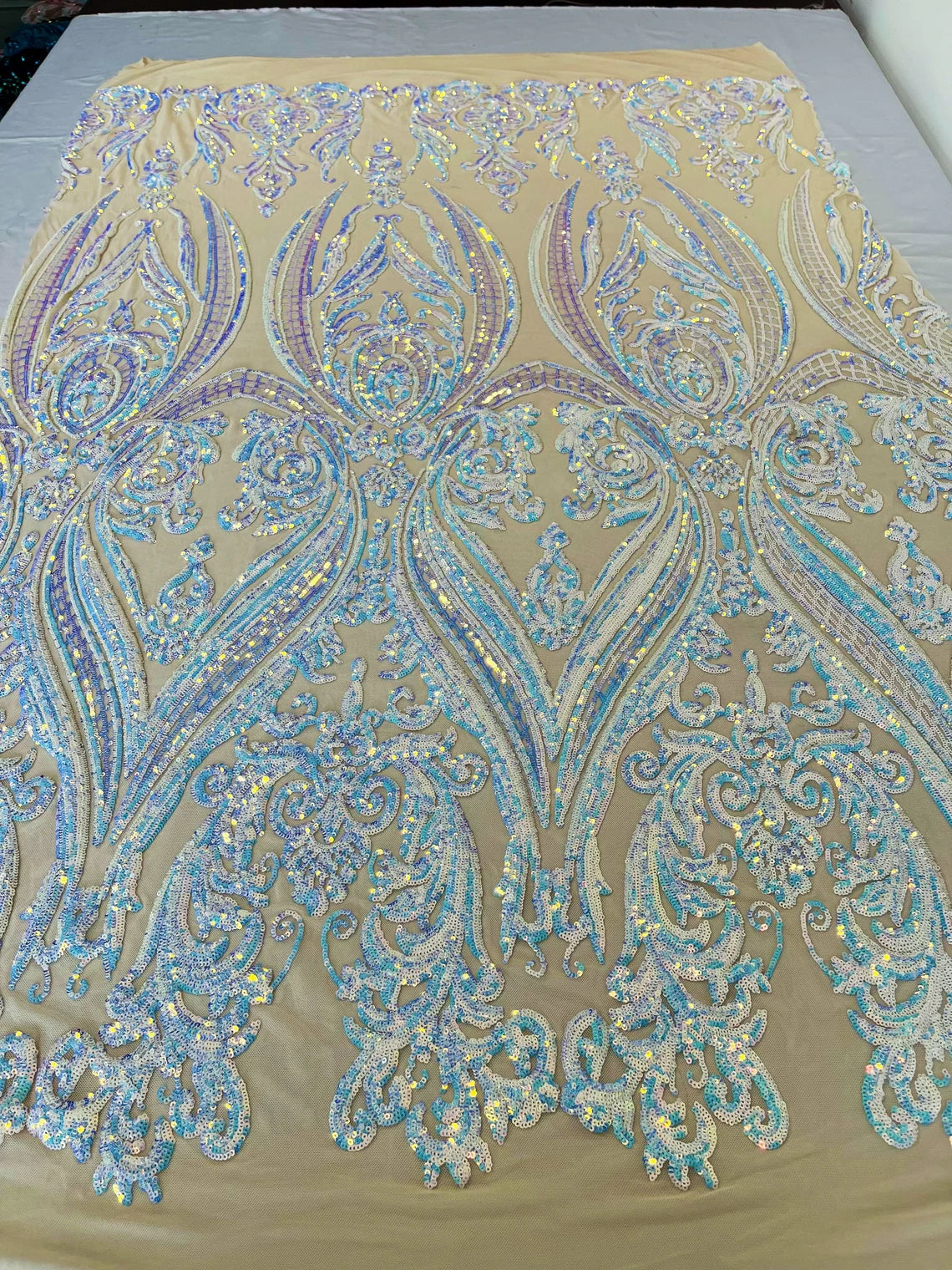 Big Damask 4 Way Sequins - Iridescent Aqua Blue - Embroidered Damask Design Sequins Fabric Sold By Yard