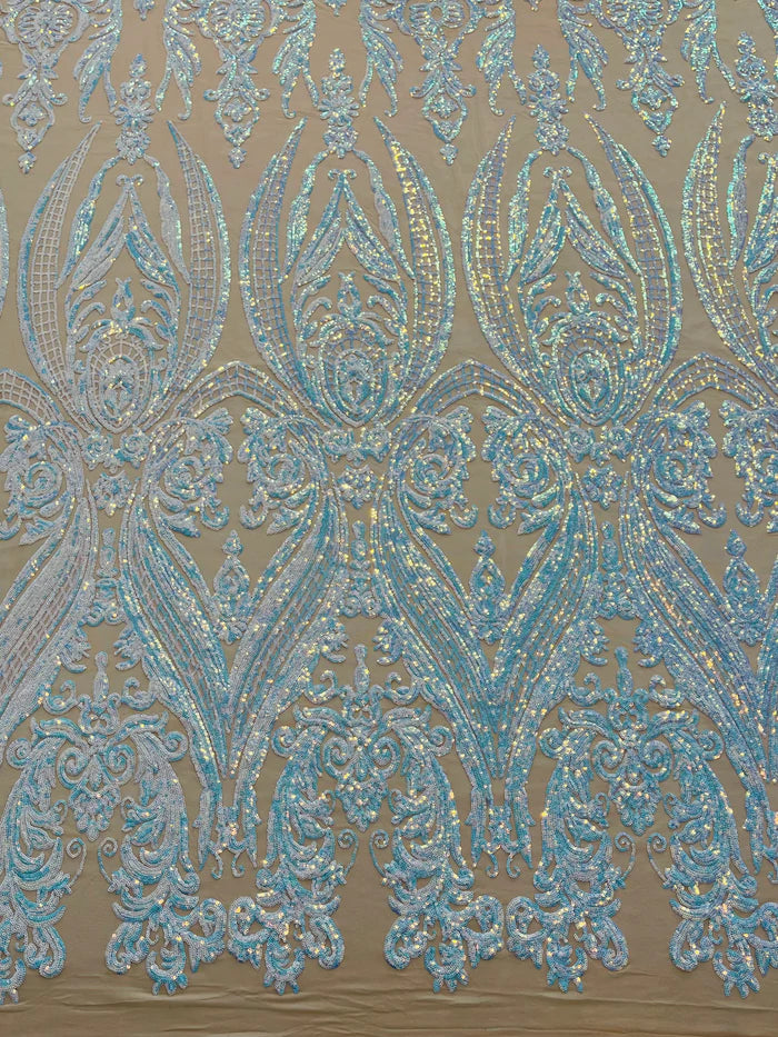 Big Damask 4 Way Sequins - Iridescent Aqua Blue on Nude - Embroidered Damask Design Sequins Fabric Sold By Yard