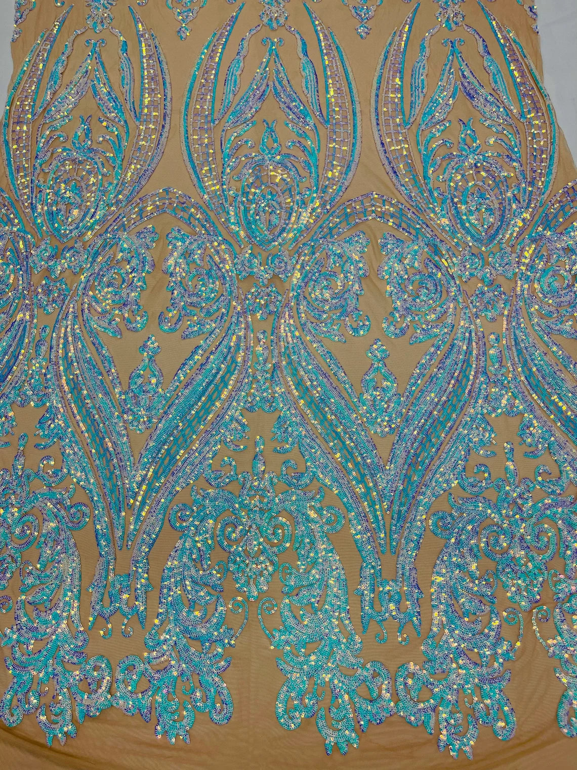 Big Damask 4 Way Sequins - Iridescent Aqua Blue on Dark Nude - Embroidered Damask Design Sequins Fabric Sold By Yard