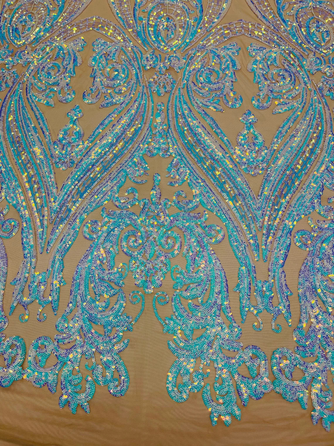 Big Damask 4 Way Sequins - Iridescent Aqua Blue on Dark Nude - Embroidered Damask Design Sequins Fabric Sold By Yard