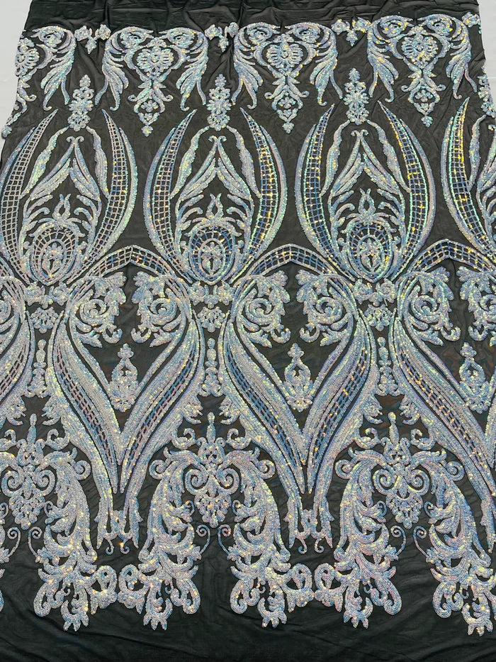 Big Damask 4 Way Sequins - Iridescent Aqua on Black - Embroidered Damask Design Sequins Fabric Sold By Yard