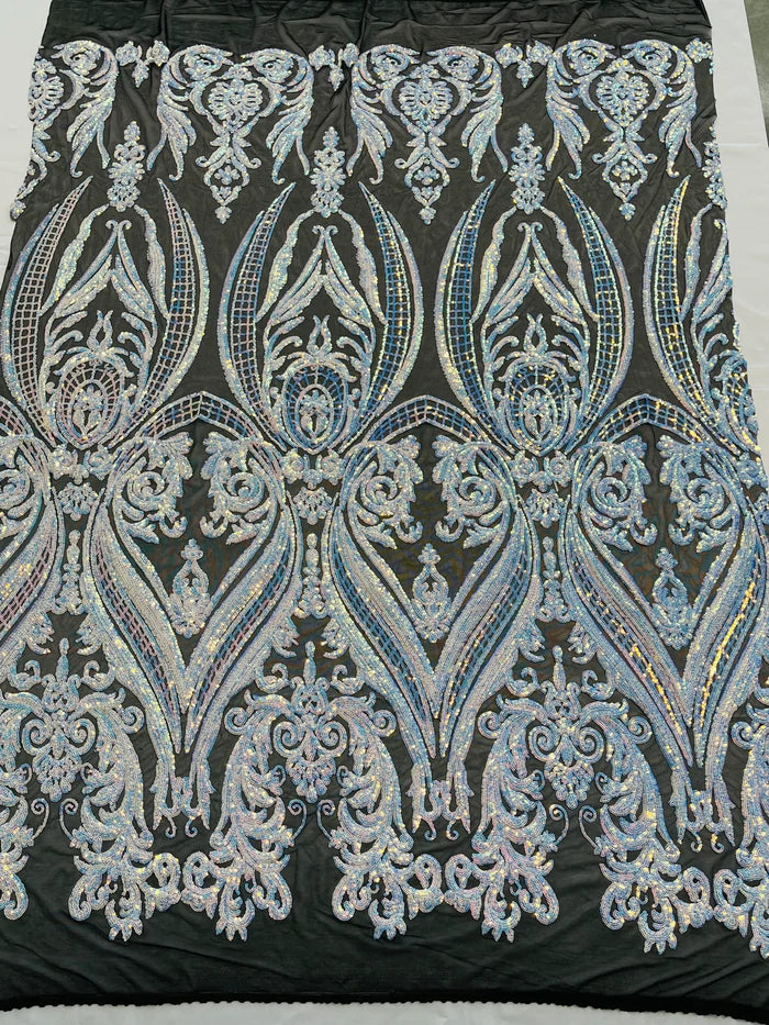 Big Damask 4 Way Sequins - Iridescent Aqua on Black - Embroidered Damask Design Sequins Fabric Sold By Yard