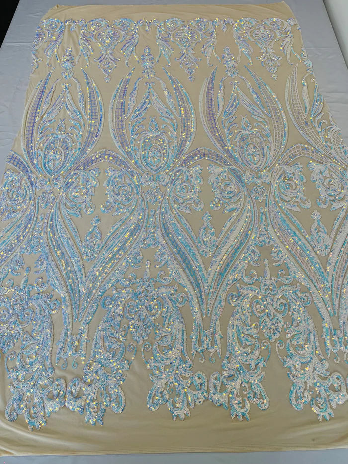 Big Damask 4 Way Sequins - Iridescent Clear Blue - Embroidered Damask Design Sequins Fabric Sold By Yard