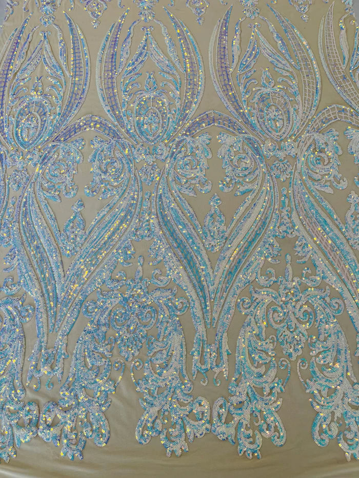 Big Damask 4 Way Sequins - Iridescent Clear Blue - Embroidered Damask Design Sequins Fabric Sold By Yard