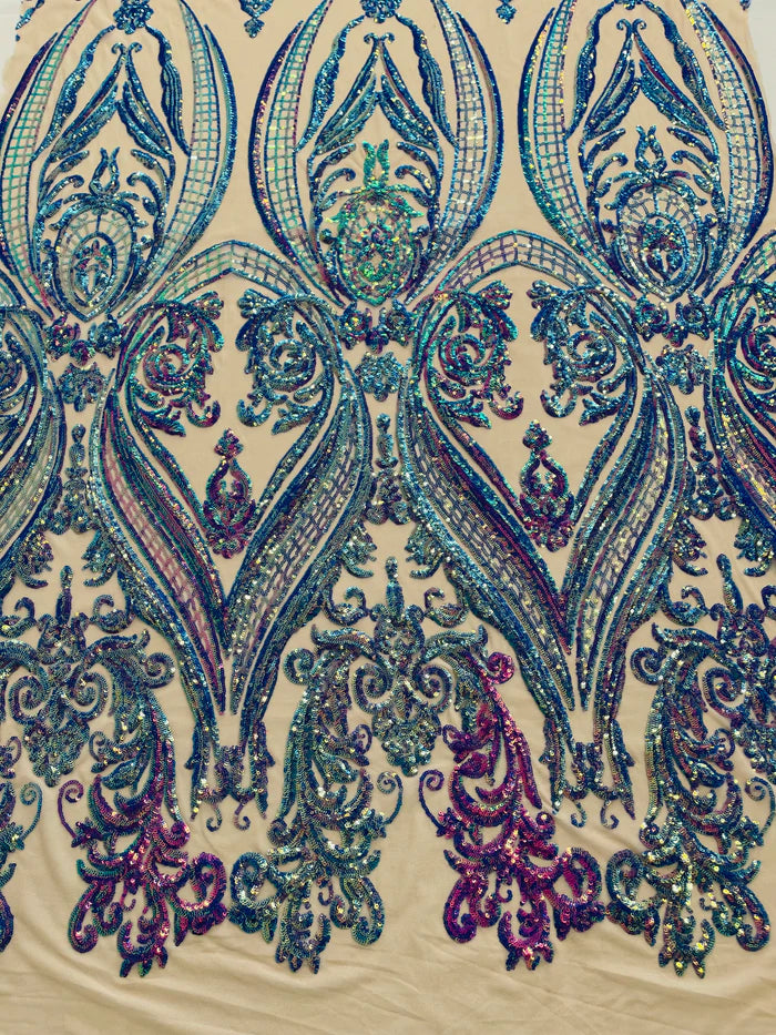 Big Damask 4 Way Sequins - Iridescent Lavender - Embroidered Damask Design Sequins Fabric Sold By Yard