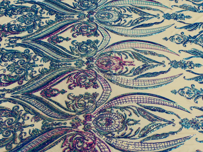 Big Damask 4 Way Sequins - Iridescent Lavender - Embroidered Damask Design Sequins Fabric Sold By Yard