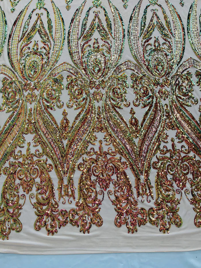 Big Damask 4 Way Sequins - Iridescent Purple / Green - Embroidered Damask Design Sequins Fabric Sold By Yard