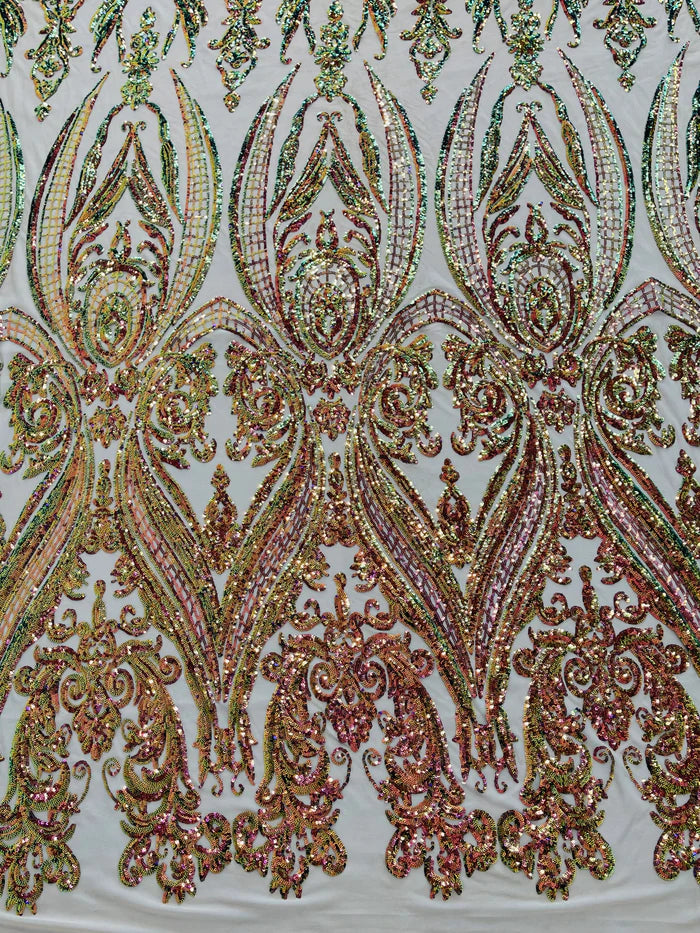 Big Damask 4 Way Sequins - Iridescent Lilac - Embroidered Damask Design Sequins Fabric Sold By Yard