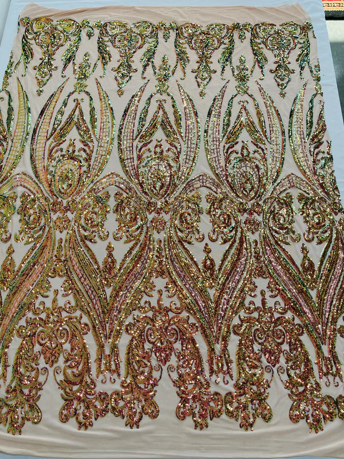 Big Damask 4 Way Sequins - Iridescent Purple / Green - Embroidered Damask Design Sequins Fabric Sold By Yard