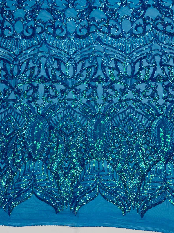 Royalty Damask Sequins Fabric - Iridescent Turquoise - Fancy Royal Lace Design 4 Way Stretch Sequins By Yard