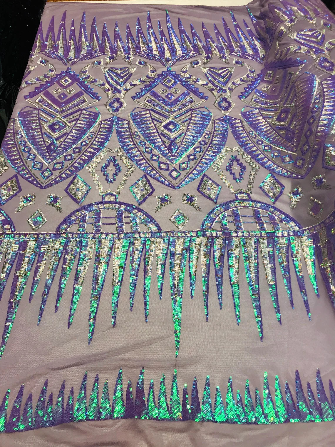 Aztec Geometric Sequins - Iridescent Lilac - 4 Way Stretch Geometric Tribal Pattern Design Sequins By Yard
