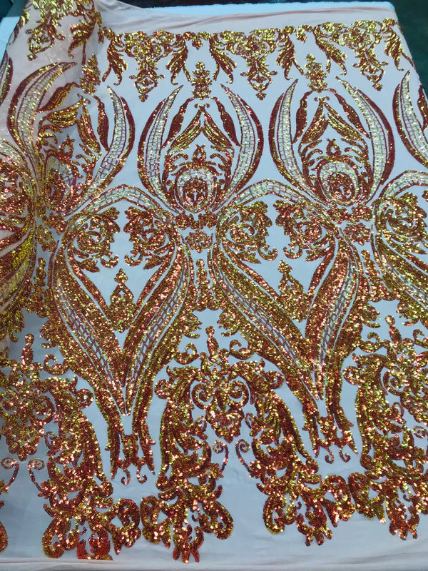 Big Damask 4 Way Sequins - Iridescent Orange on Nude - Embroidered Damask Design Sequins Fabric Sold By Yard