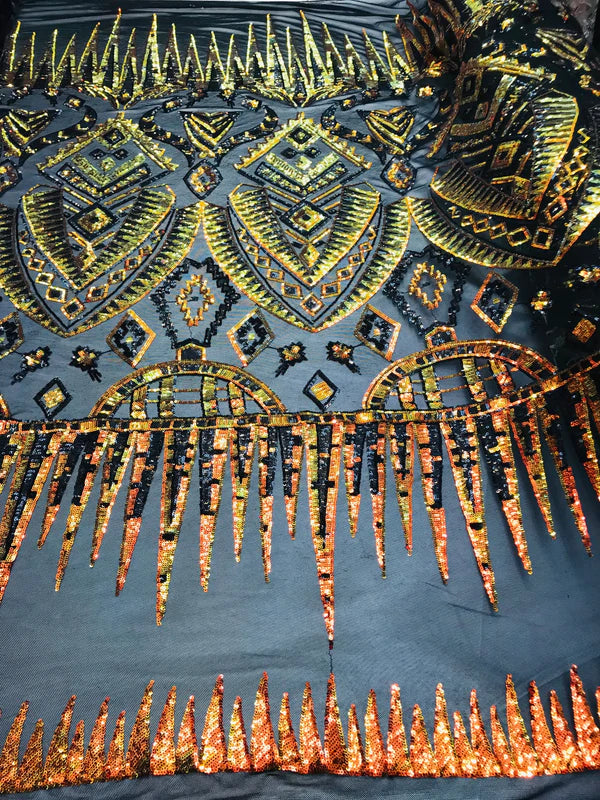 Aztec Geometric Sequins - Iridescent Orange / Yellow - 4 Way Stretch Geometric Tribal Pattern Design Sequins By Yard